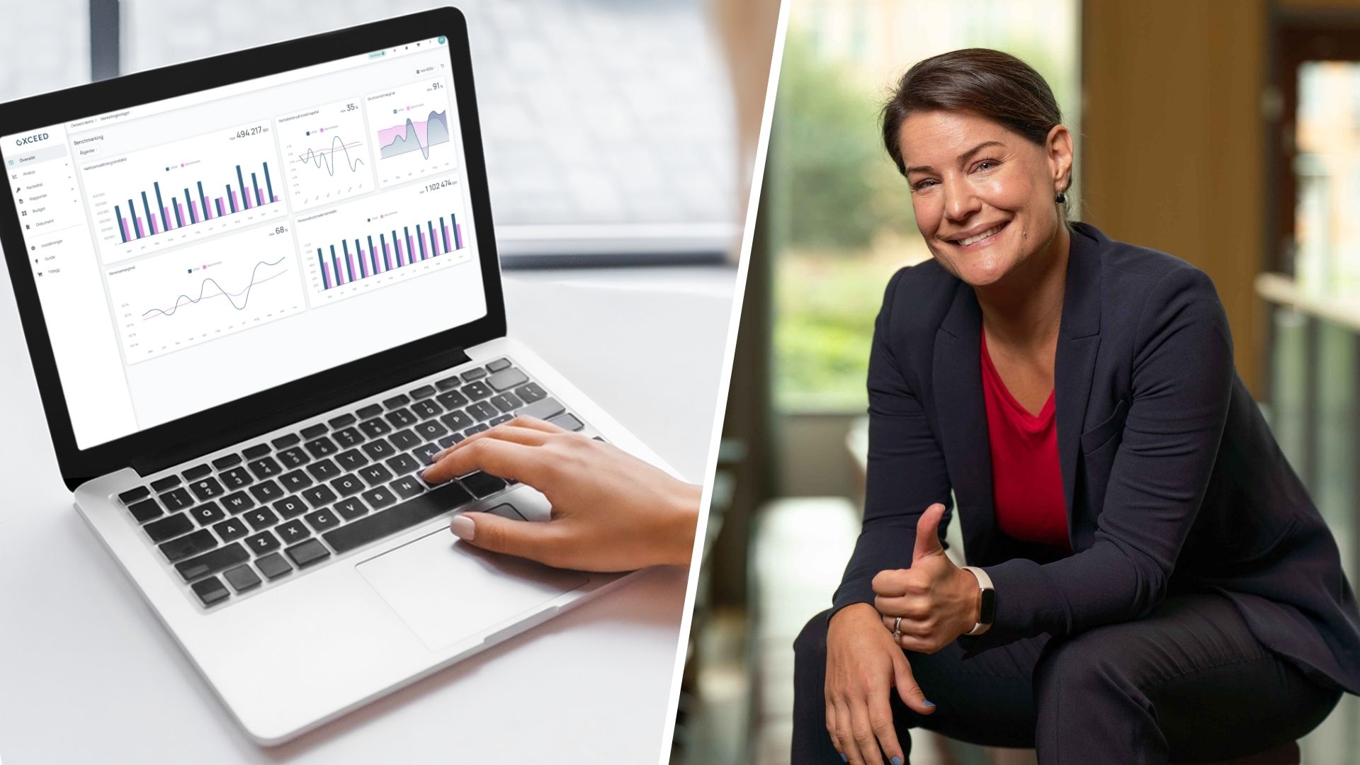 Elif Schmidt, VD på Oxceed, ger tummen upp för att Oxceed passerat 20000 företag i plattformen.