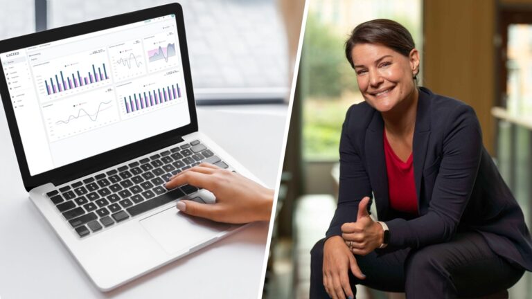 Elif Schmidt, VD på Oxceed, ger tummen upp för att Oxceed passerat 20000 företag i plattformen.