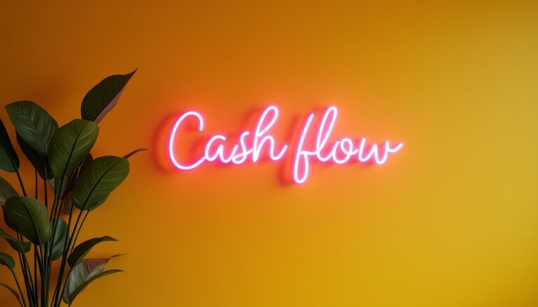 Neonskylt med cash flow i rosa på en gul vägg
