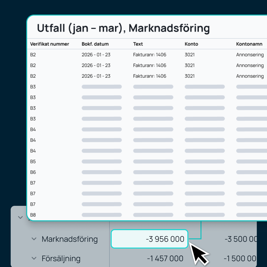 Skärmbild som visar hur en användare klickar på en siffra i en rapport för att se underliggande transaktioner.