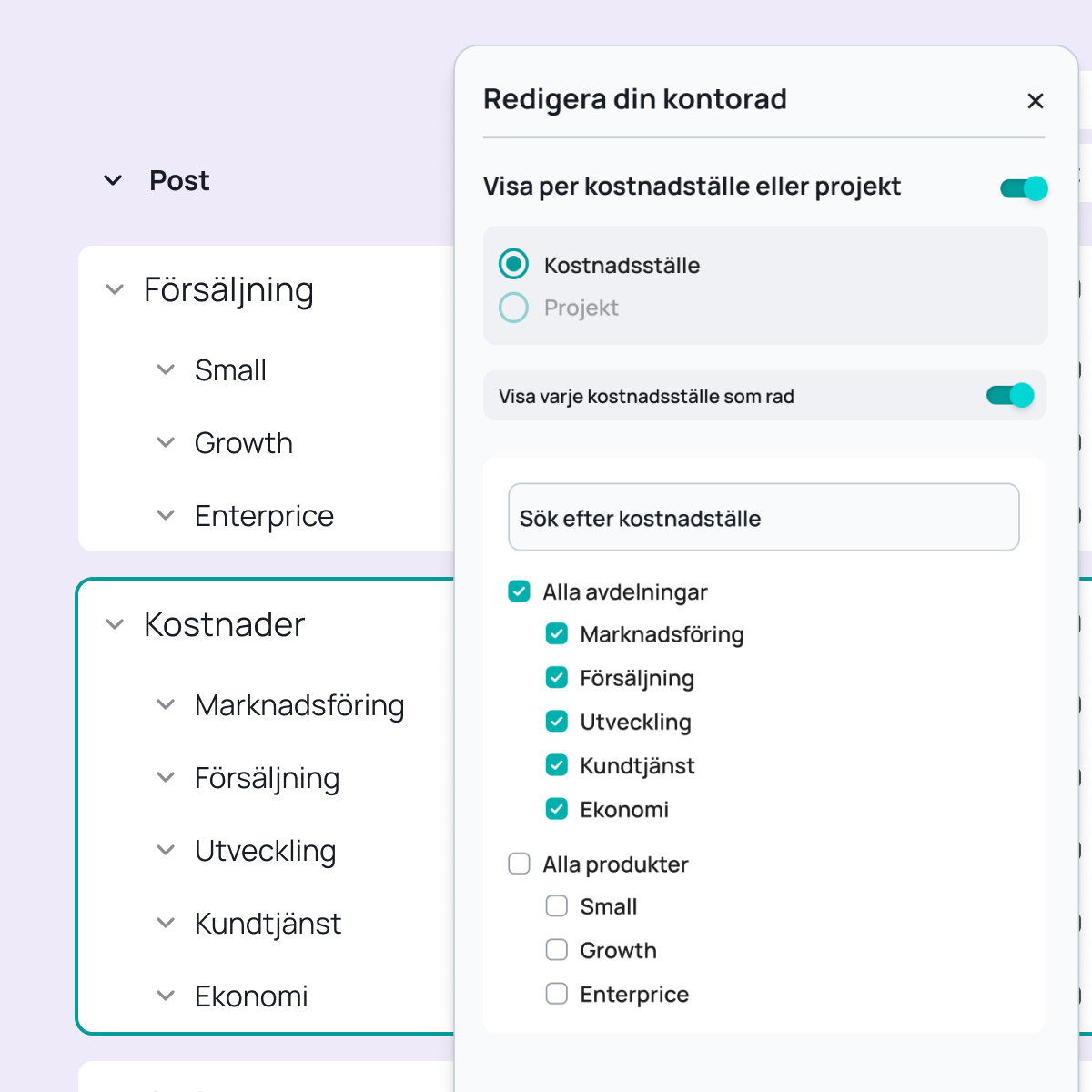 Inställningar i Oxceed för att visa rapportdata per kostnadsställe, projekt och andra dimensioner.