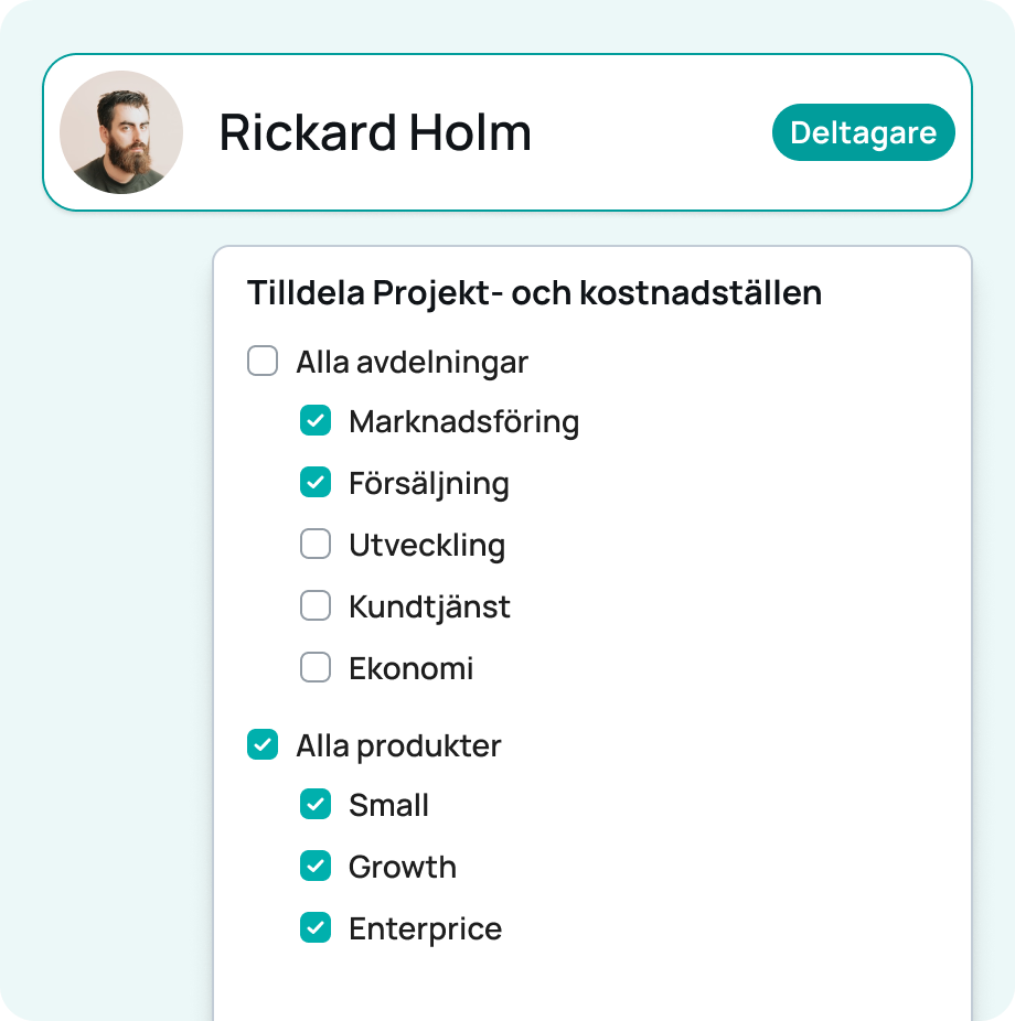 Behörighetsinställningar i Oxceed där en deltagare får åtkomst till valda avdelningar, produkter och kostnadsställen.